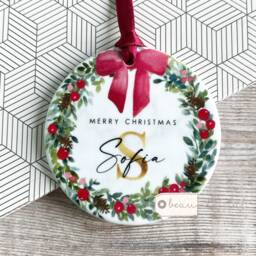 Personalised Name Merry Christmas Bow Greenery Wreath Design Ceramic Or Acrylic Round Ornament Keepsake - thumbnail 3