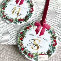 Personalised Name Merry Christmas Bow Greenery Wreath Design Ceramic Or Acrylic Round Ornament Keepsake - thumbnail 2