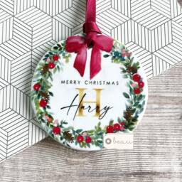 Personalised Name Merry Christmas Bow Greenery Wreath Design Ceramic Or Acrylic Round Ornament Keepsake