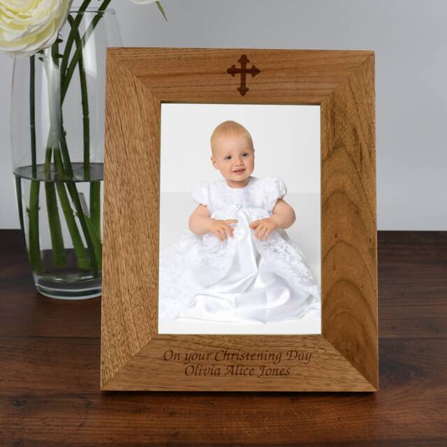 Personalised Cross Wooden Photo Frame 4x6 5x7 Gift For Christening Baptism Holy Communion New Born Baby Godparents Any Message - image 1