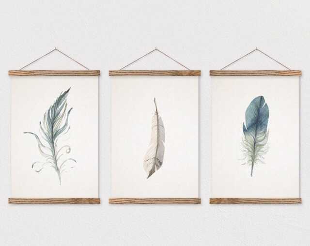 Set Of 3 Watercolor Feather Trio On Canvas With Wooden Poster Hangers - Wall Hanging - Frame - Nature Decor-Panel - image 1