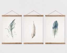 Set Of 3 Watercolor Feather Trio On Canvas With Wooden Poster Hangers - Wall Hanging - Frame - Nature Decor-Panel - thumbnail 1