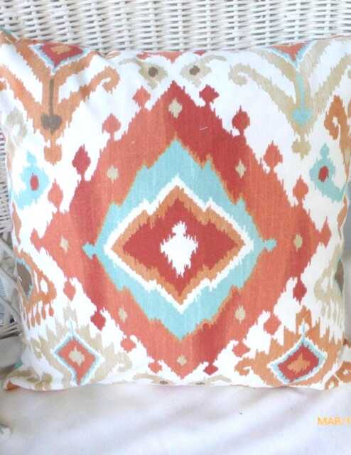 Rust & Blue Ikat Throw Pillows, Swavelle Mill Creek Designer Fabric - image 1