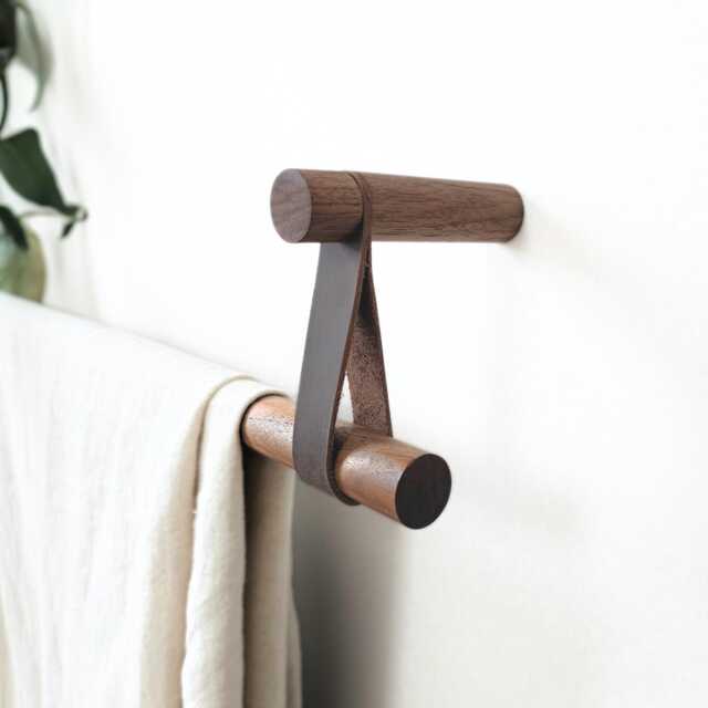 Walnut Curtain Rod Holder/Pole Holder, Leather Strap Curtain Hanger, Bracket. Not Included - image 1