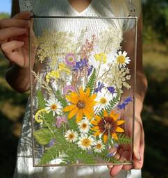 Handcrafted Pressed Flower Frame, Stained Glass Botanical Art, Hanging Wall Decor - thumbnail 1