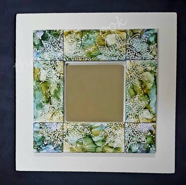 Decorative Tiled Mirror Frame, Hand Painted, Alcohol Inks, Square 10x10 - image 1