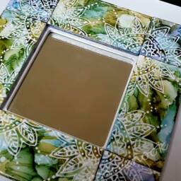 Decorative Tiled Mirror Frame, Hand Painted, Alcohol Inks, Square 10x10 - thumbnail 2