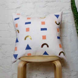 White Blue Coral Gold Linen Pillow Cover/Block Printed Geometric Decorative Throw Cushion Indigo Peach Salmon Hand Painted Bedding Accent - thumbnail 2