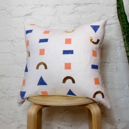 White Blue Coral Gold Linen Pillow Cover/Block Printed Geometric Decorative Throw Cushion Indigo Peach Salmon Hand Painted Bedding Accent - thumbnail 3