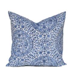 High Quality Magnolia Pillow Cover, Blue Medallion Cushion, Decorative Throw Pillow, Accent Grey Case - thumbnail 1
