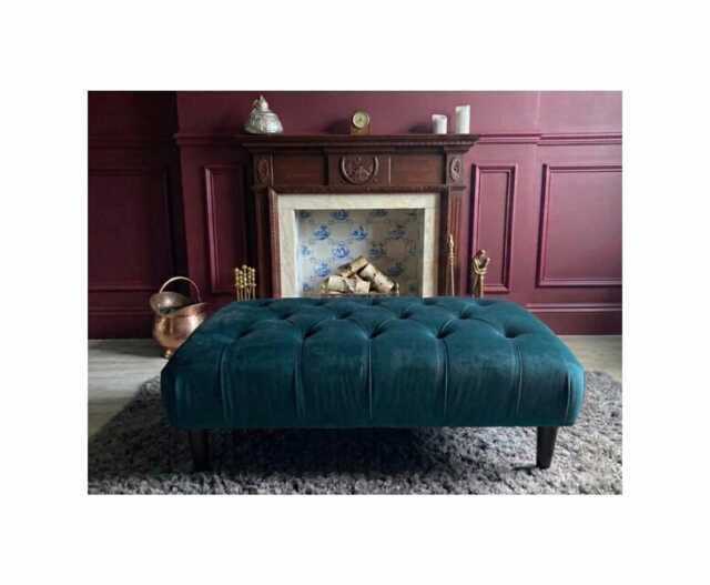 Chesterfield Design Plush Velvet Footstool - Black Wooden Legs Footrest, Coffee Table - image 1