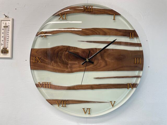 Black Walnut & Pale Green Resin Wall Clock, Modern Abstract Unusual Clocks, Luxurious Clock - image 1