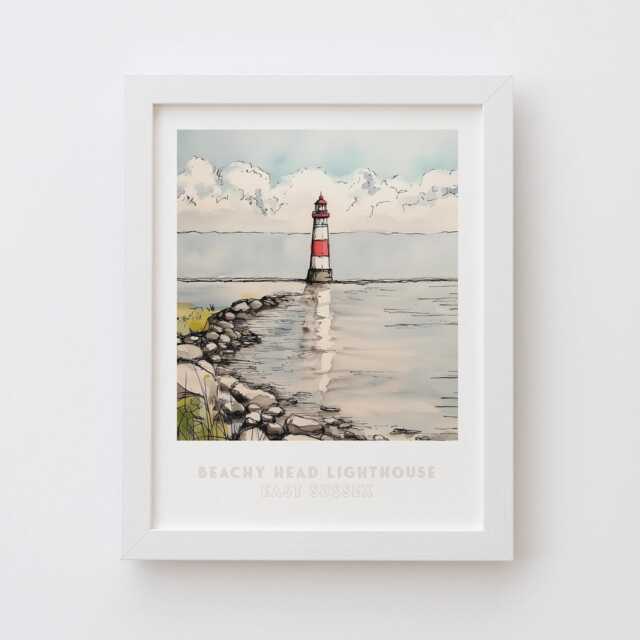 Beachy Head Lighthouse East Sussex UK Wall Art Print - Ink & Watercolor Coastal Decor Illustration, Archival Fine Art Print. England Gift - image 1