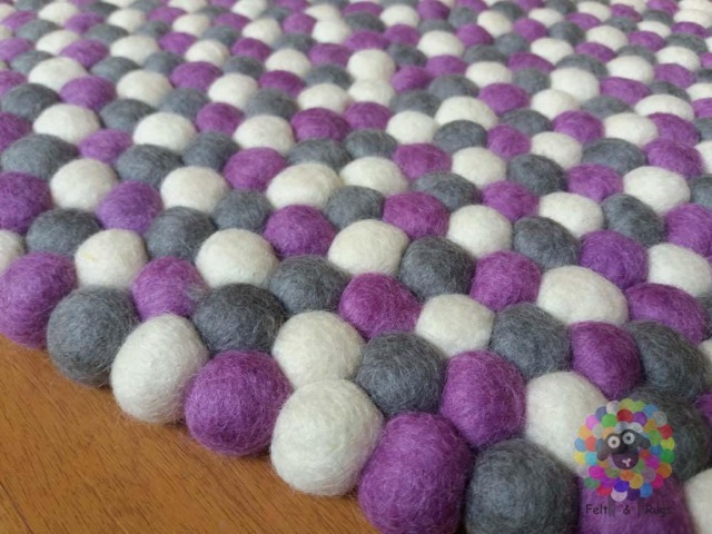 Handmade Felt Ball Rug White, Gray, Lavender Nursery Decor - image 1