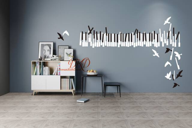 Piano Keys With Birds Vinyl Wall Decal, Music Nursery Decor - image 1