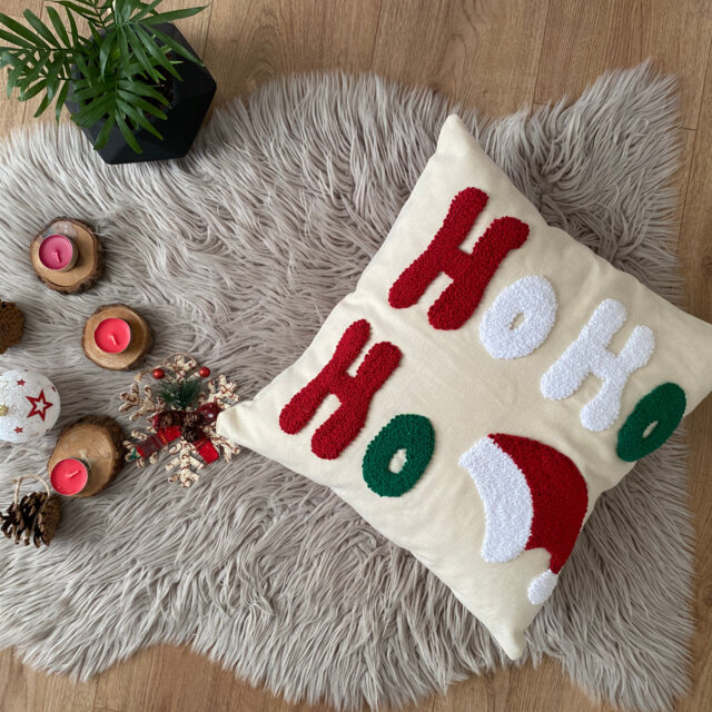 Embroidered Hohoho Christmas Pillow Cover, Punch Needle Linen Cushion - image 1