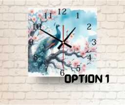 Peacock Cherry Blossom Square Glass Wall Clock - Watercolor Bird Art