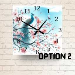 Peacock Cherry Blossom Square Glass Wall Clock - Watercolor Bird Art - thumbnail 2