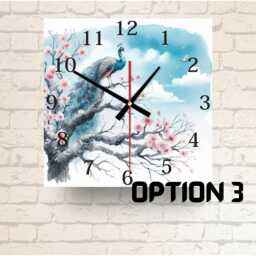 Peacock Cherry Blossom Square Glass Wall Clock - Watercolor Bird Art - thumbnail 3