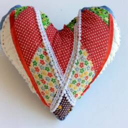 Patchwork Heart Pillow, Vintage Quilt & Denim, Country Charm - thumbnail 3
