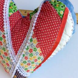 Patchwork Heart Pillow, Vintage Quilt & Denim, Country Charm - thumbnail 2