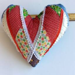 Patchwork Heart Pillow, Vintage Quilt & Denim, Country Charm - thumbnail 1