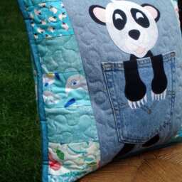 Aqua, Black & White Lucky Panda Recycled Denim Quilted Pillow - thumbnail 2