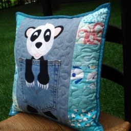 Aqua, Black & White Lucky Panda Recycled Denim Quilted Pillow - thumbnail 3