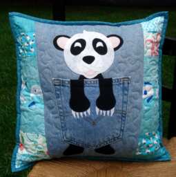 Aqua, Black & White Lucky Panda Recycled Denim Quilted Pillow - thumbnail 1