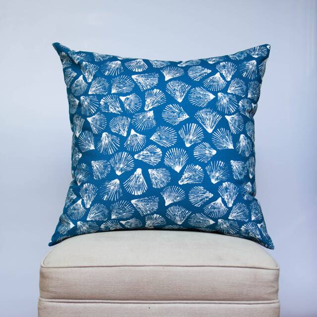 Beachcomber Extra-Large Cushion Cover. Marine Blue & White Seashell Block-Print Design. Unusual Nautical Themed 23X23 - image 1