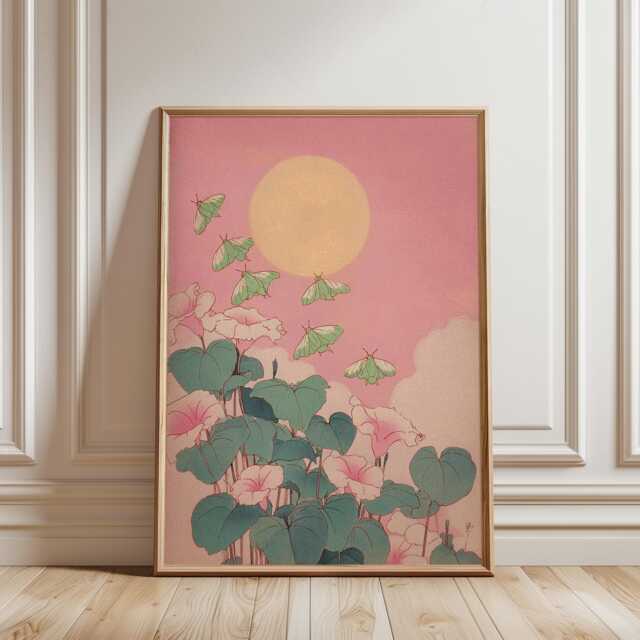 Moths & Glowing Moonflower Art Print, Japanese Woodblock Style, Pink Floral Night Wall Decor, Whimsical Botanical Poster, Ukiyo-E - image 1