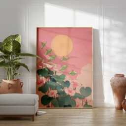 Moths & Glowing Moonflower Art Print, Japanese Woodblock Style, Pink Floral Night Wall Decor, Whimsical Botanical Poster, Ukiyo-E - thumbnail 3