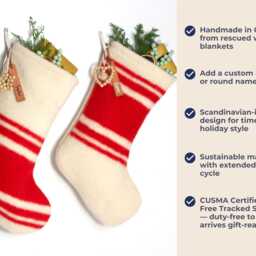Personalized Wool Christmas Stocking - Red & White Scandinavian Style, Custom Name Tag, Handmade in Canada - thumbnail 3