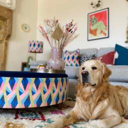 Large Round Footstool With Navy Velvet & Linwood Geometric Print - thumbnail 2