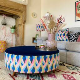 Large Round Footstool With Navy Velvet & Linwood Geometric Print - thumbnail 3