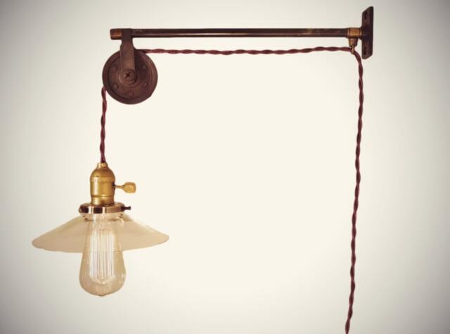 Vintage Industrial Pulley Sconce - Clear Glass Shade Wall Mount Light Machine Age Trouble Lamp Sconce, Milk Glass - image 1
