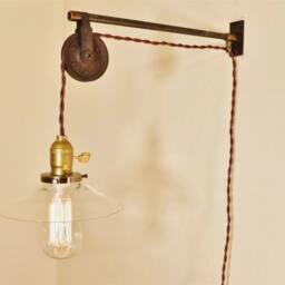 Vintage Industrial Pulley Sconce - Clear Glass Shade Wall Mount Light Machine Age Trouble Lamp Sconce, Milk Glass - thumbnail 2