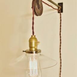 Vintage Industrial Pulley Sconce - Clear Glass Shade Wall Mount Light Machine Age Trouble Lamp Sconce, Milk Glass - thumbnail 3