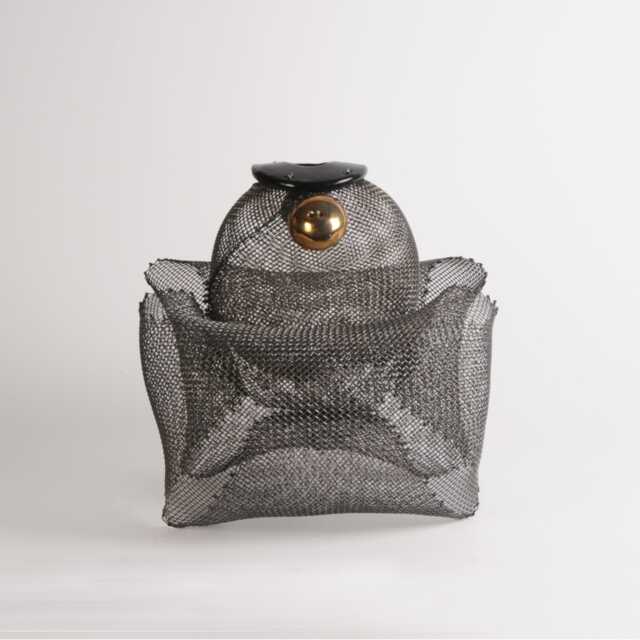 steel Sculpture With Ceramic Rounds Real Gold Overglaze. Wire Mesh, One Of Three Identical Sculptures. Small 10T X 9W - image 1