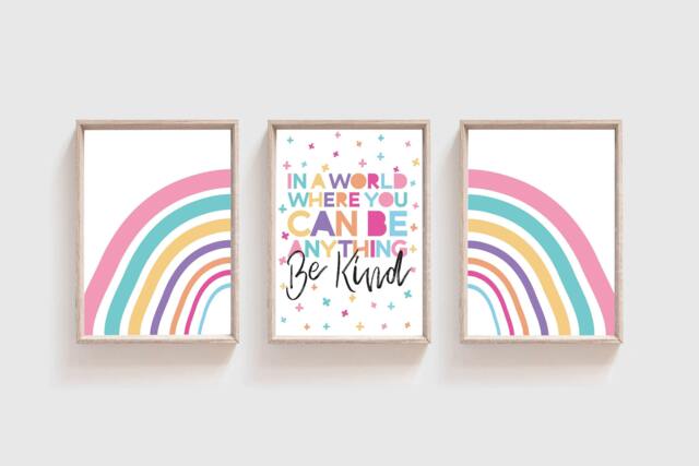 Set Of 3 Girls Nursery Prints, Rainbow Bedroom Decor, Be Kind, Wall Art, Playroom Pastel - image 1