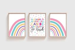 Set Of 3 Girls Nursery Prints, Rainbow Bedroom Decor, Be Kind, Wall Art, Playroom Pastel - thumbnail 1