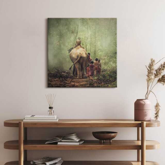 Elephant & Children Canvas Print Green Wall Art - image 1