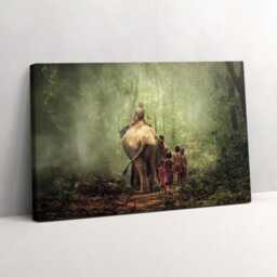 Elephant & Children Canvas Print Green Wall Art - thumbnail 2