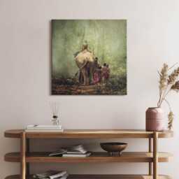 Elephant & Children Canvas Print Green Wall Art - thumbnail 1
