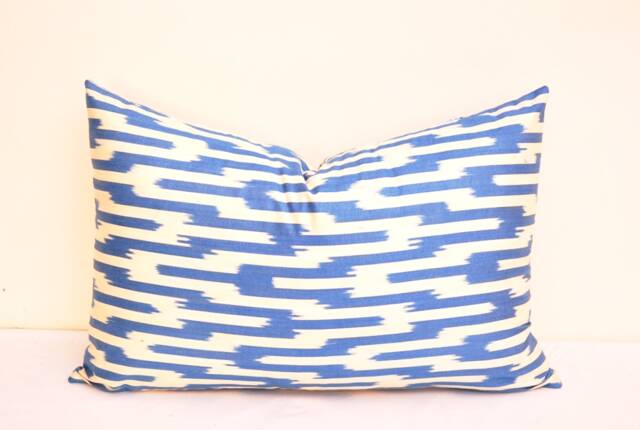 Blue Ikat Lumbar Pillow Cover, Handloom Cotton, Boho Chic - image 1