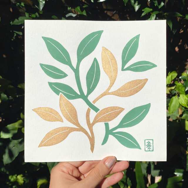 Intertwined - Sage - Original Green & Gold Lino Art Print Plant - image 1