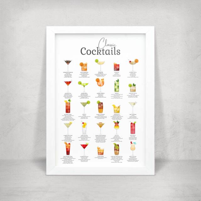 Classic Cocktail Metal Home Bar Sign Print On White. 25 Popular Cocktails Printed Onto Gloss Wall Art. Framed & Floating Mounts - image 1