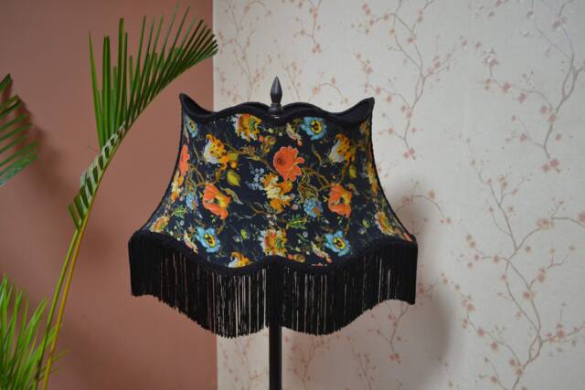 Hand-stitched Floral Lampshade Black Linen Fabric With Fringe - image 1