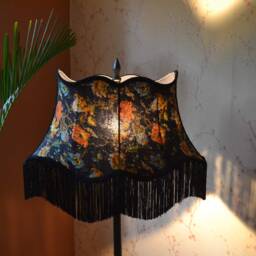 Hand-stitched Floral Lampshade Black Linen Fabric With Fringe - thumbnail 3