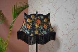 Hand-stitched Floral Lampshade Black Linen Fabric With Fringe